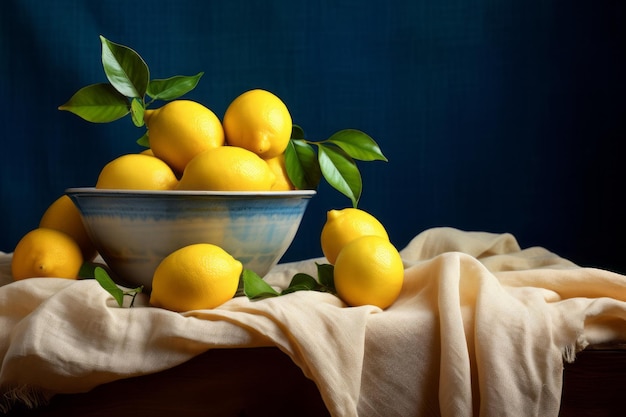 De succulents citrons ornés sur un textile délicat Un présentoir de table à couper le souffle