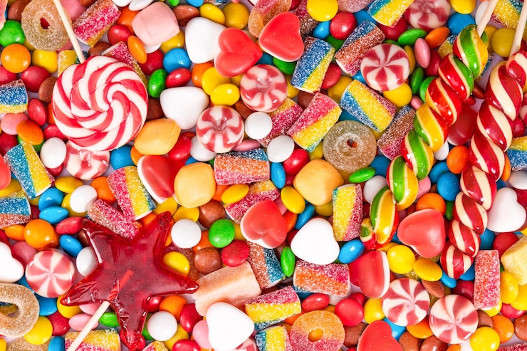 Photo sucettes colorées et bonbons ronds de différentes couleurs vue de dessus