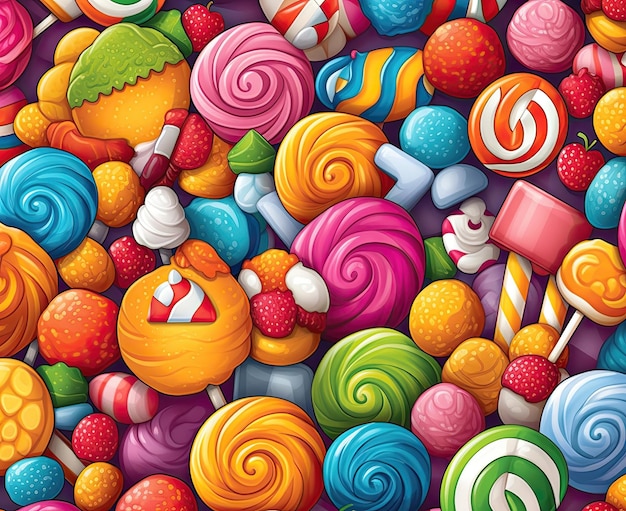 Sucettes colorées et bonbons ronds multicolores Vue d'en haut