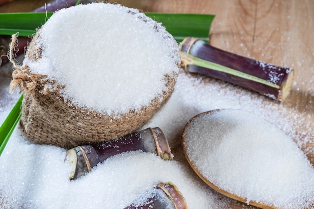 Sucre blanc et canne à sucre sur la table.