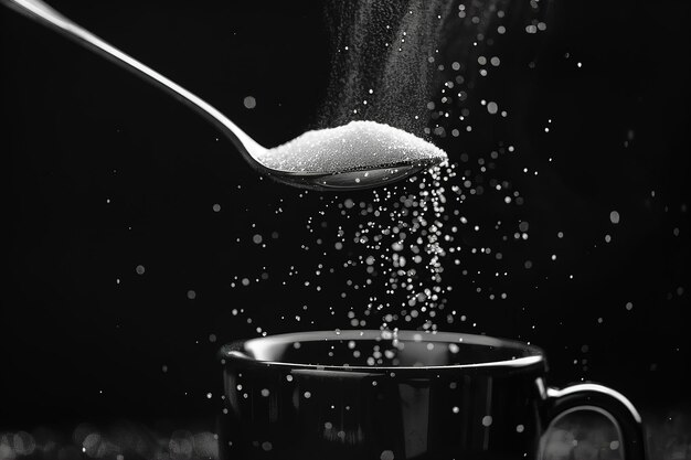 Photo le sucre est versé de la cuillère sur la tasse de café noir.