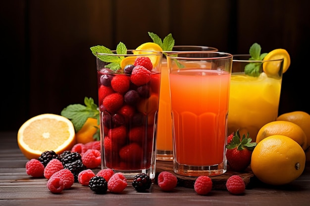 Sucs de fruits frais dans des verres avec des fruits et des baies