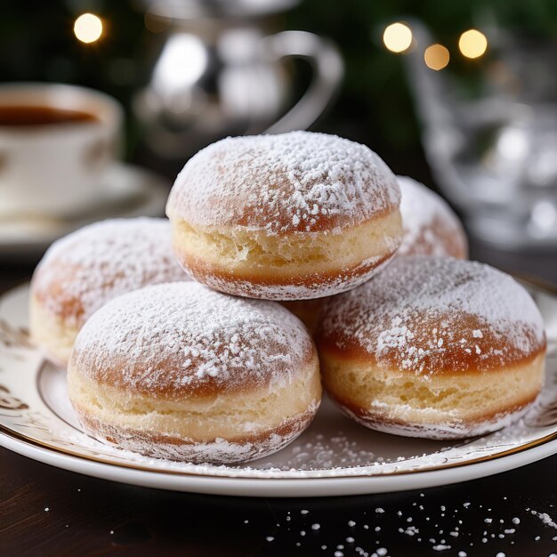 Sufganiyot avec du sucre en poudre sur plaque blanche