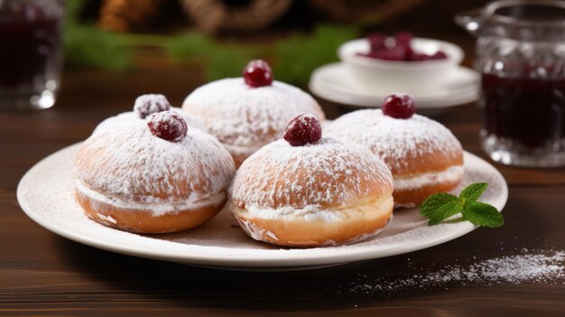 Sufganiyot avec du sucre en poudre sur plaque blanche