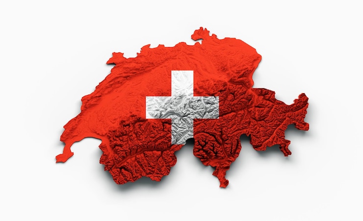 Photo suisse carte drapeau relief ombré carte de hauteur de couleur sur fond blanc illustration 3d