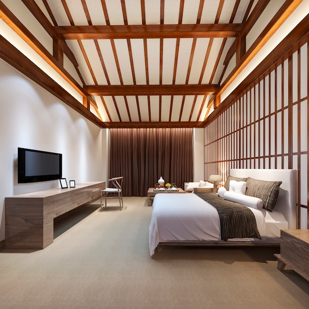 Suite de chambre chinoise de luxe en rendu 3D dans un hôtel de villégiature