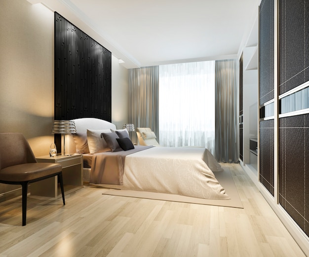 Suite de chambre à coucher moderne de luxe en rendu 3D avec armoire et dressing