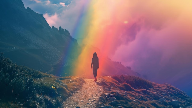 Suivez votre concept de rêve Une femme qui marche sur le chemin de la montagne et regarde l'arc-en-ciel dans le ciel