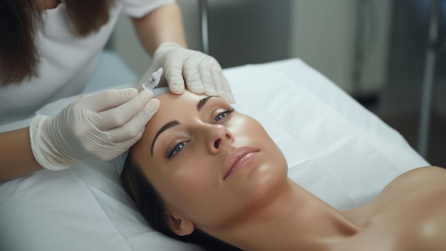 Un sujet calme subissant un traitement facial avec un toucher méticuleux d'esthéticienne.