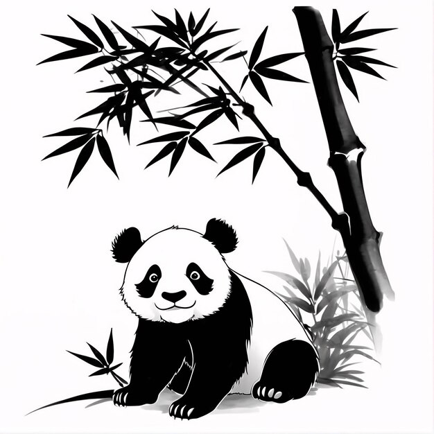 Photo sumi e à l'encre noir et blanc illustration de style panda peinture traditionnelle