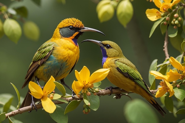 sunbirds à dos olive nourrissant l'enfant cinnyris jugularis
