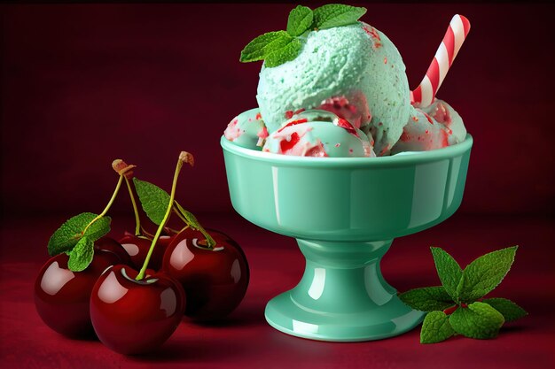 Un sundae de crème glacée au chocolat avec des garnitures à la menthe et aux cerises Generative Ai