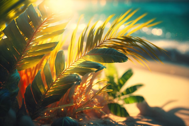 SunKissed Tropical Haven Des feuilles de palmier luxuriantes se balancent dans des vagues bokeh ensoleillées sur une plage immaculée