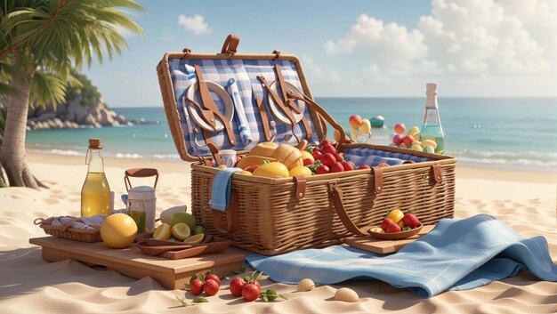 Sunny Beach Picnic Delight Une escapade sereine avec panier et sac