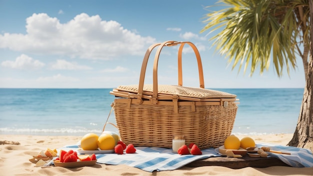 Sunny Beach Picnic Delight Une escapade sereine avec panier et sac