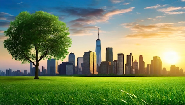 Sunrise Cityscape Skyline herbe verte et un arbre