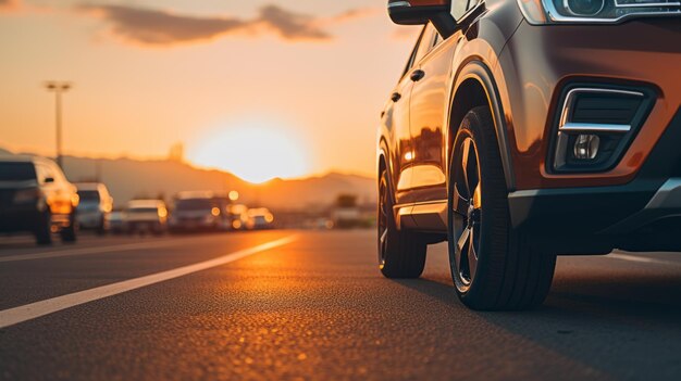 Photo sunset conduit une voiture écologique avec attention aux détails