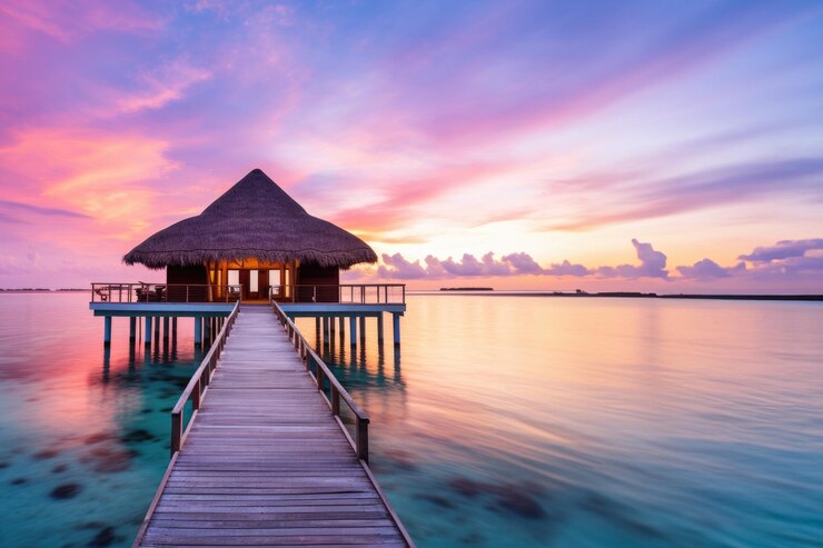 Photo sunset retreat paysage paradisiaque avec une cabane de plage à sunset tropical getaway