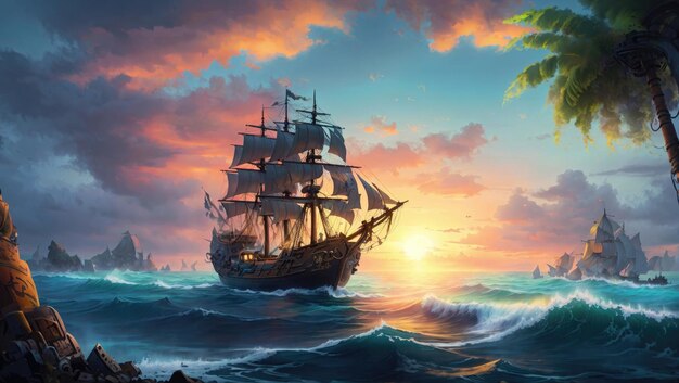 Sunset Serenity L'Odyssée d'un bateau pirate stylisé