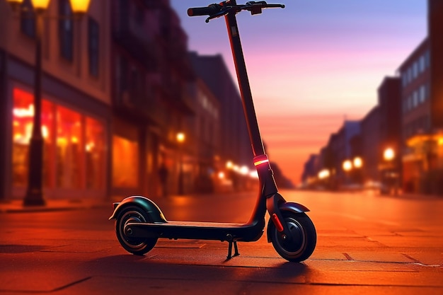 Sunset Street garé scooter électrique IA générative
