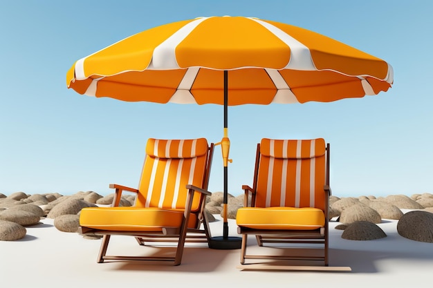 Sunshine Sojourn Yellow Beach Parapluie et chaise sur une toile bleue IA générative