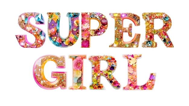 Super fille mot png glitter police florale fond transparent