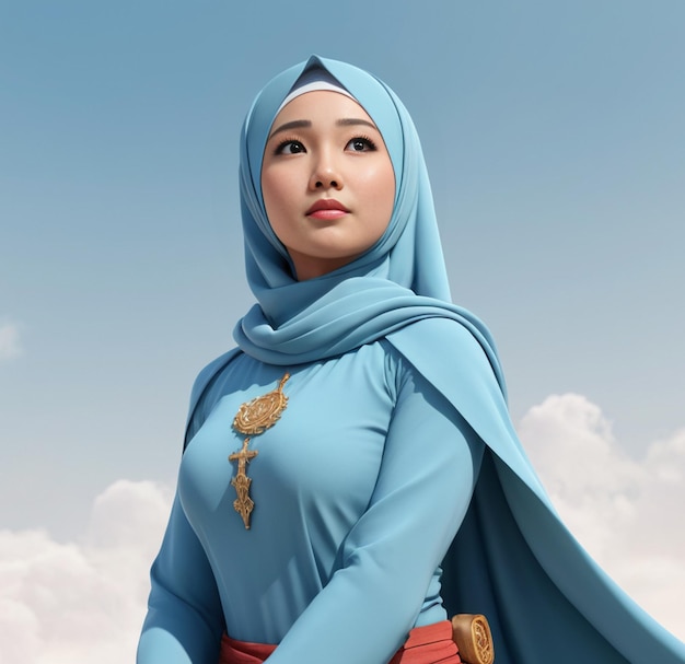 Une super-héros asiatique portant un hijab se tient debout tout en regardant le ciel