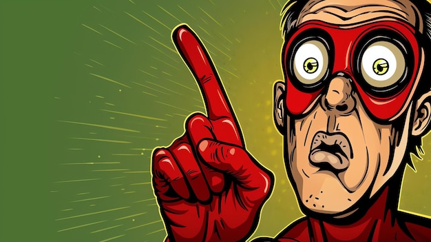 Un super-héros de dessin animé rétro en costume rouge et masque pointant son doigt vers le haut