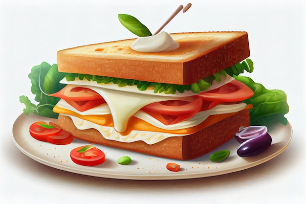 Super journée nationale du sandwich Un délicieux sandwich copieux avec une salade de tomates au fromage est sur une assiette Generative Ai