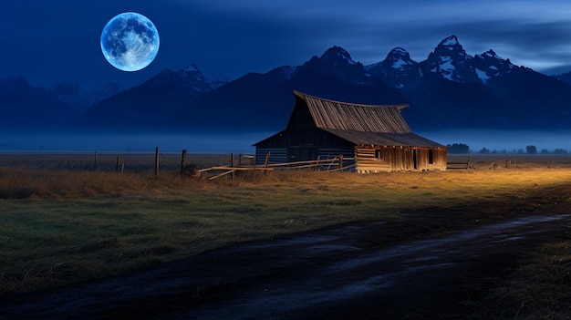 Super lune bleue grange en bois sombre dans le champ de la montagne enneigée AI générée