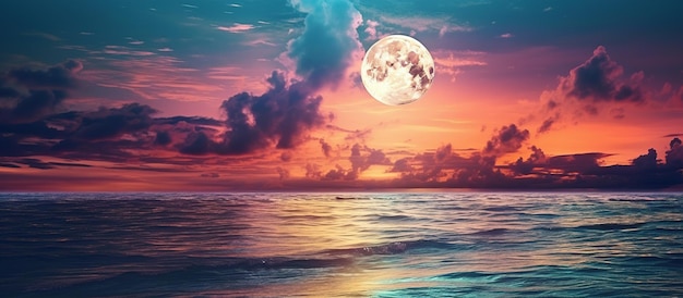 Super lune Ciel coloré avec nuage et pleine lune brillante sur le paysage marin le soir