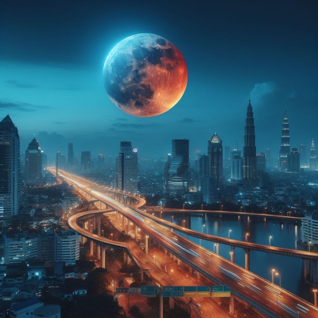 Super Lune de Sang Bleu 31012018 800PM Thaïlande photo réaliste
