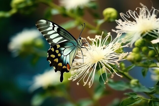 Super macro Un papillon machaon Dainty cyan se nourrissant d'une fleur blanche