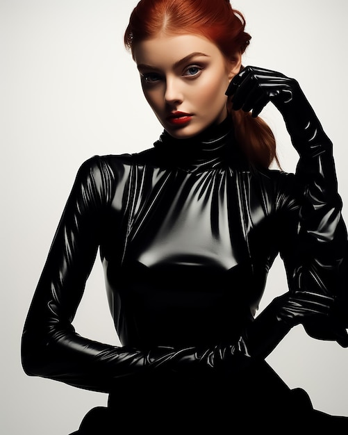 Super mannequin aux cheveux roux portant un costume en cuir noir et des gants comme un look sexy et sexy de héros