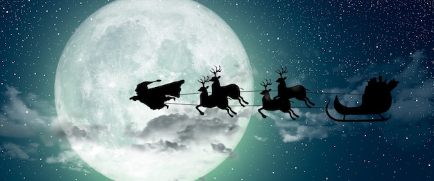 Super Santa Claus Man survolant la pleine lune menant ses rennes la nuit Noël