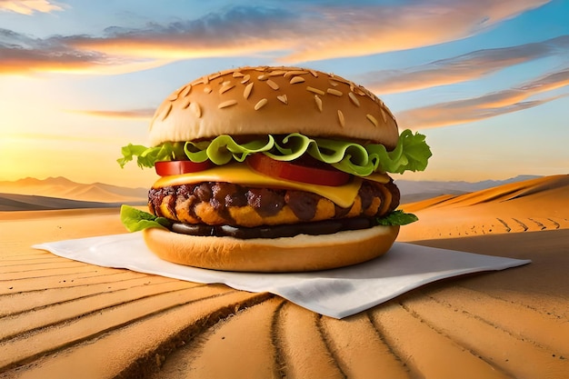 Un super shot d'un délicieux sandwich de burger sur le sable avec un fond de ciel réaliste