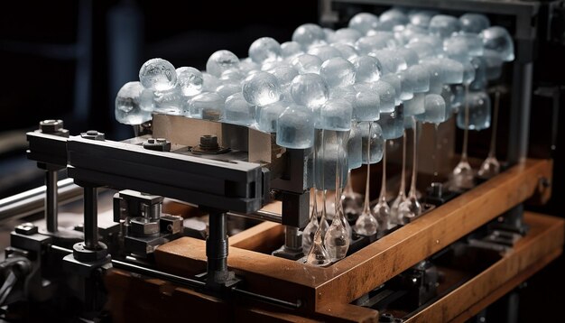 Photo super ultra réaliste industrielle machine pressant de petites sphères de glace translucides froides minuscules