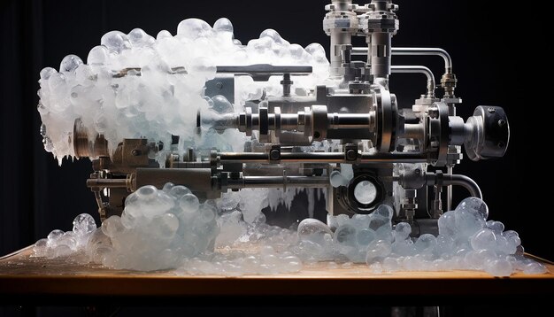 Super ultra réaliste industrielle machine pressant de petites sphères de glace translucides froides minuscules