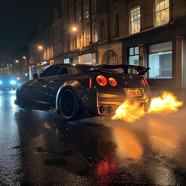 Une super voiture en feu dérive dans une rue de la ville sous la pluie.