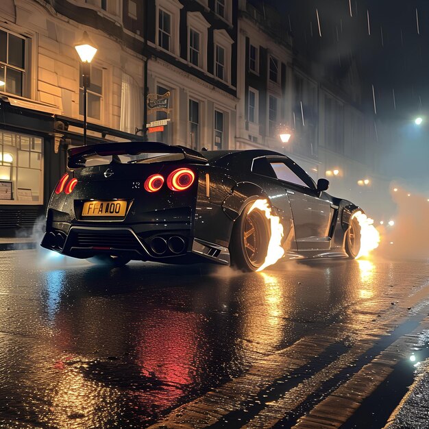 Une super voiture en feu dérive dans une rue de la ville sous la pluie.