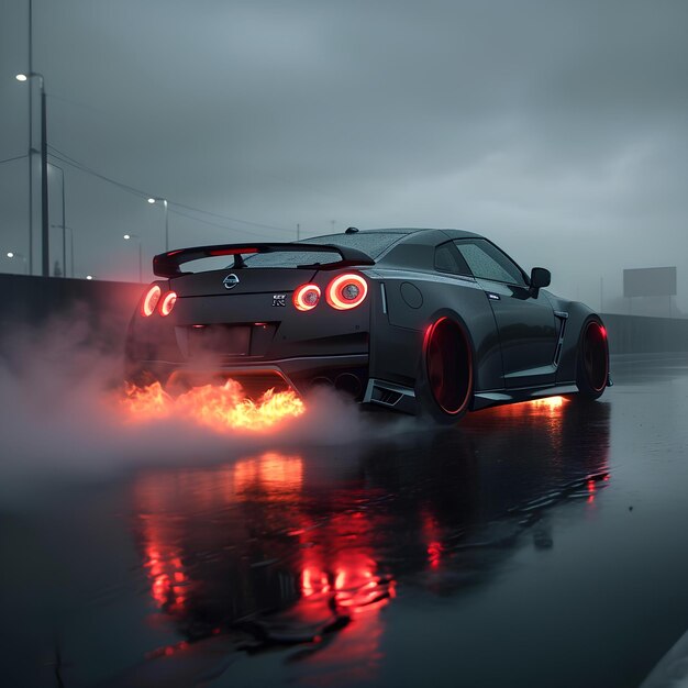 Une super voiture en feu dérive dans une rue de la ville sous la pluie.