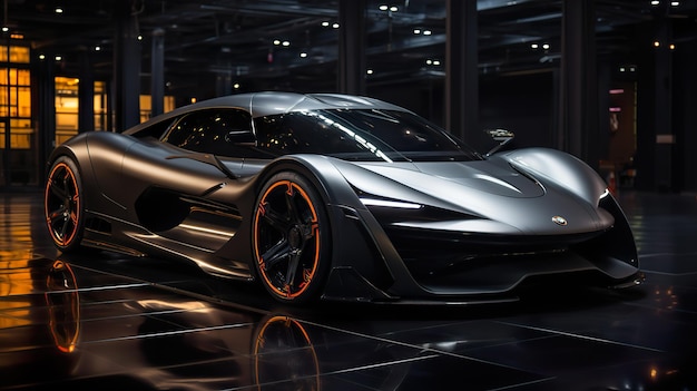 Super voiture futuriste noire de sport dans la ville de nuit arrière-plan intelligent esthétique