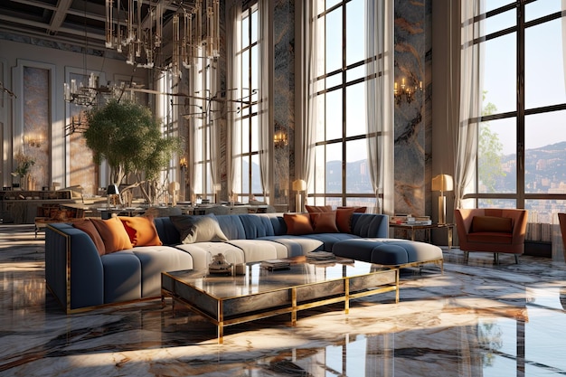 Superbe appartement somptueux design d'intérieur sol en marbre hauts plafonds hautes fenêtres en verre