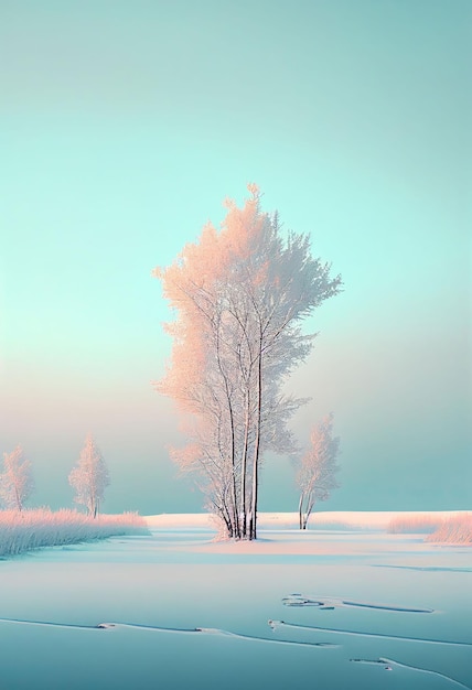 Superbe arbre minimalisme sur paysage d'hiver de couleur pastel Créé avec la technologie Generative AI