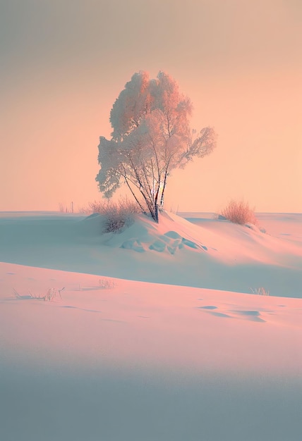 Superbe arbre minimalisme sur paysage d'hiver de couleur pastel Créé avec la technologie Generative AI