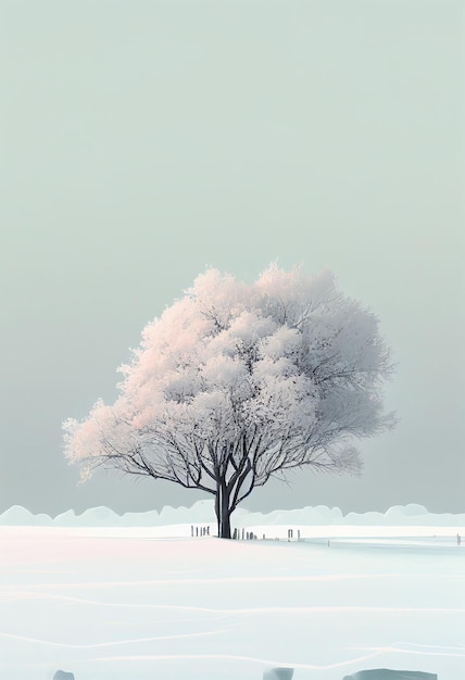 Superbe arbre minimalisme sur paysage d'hiver de couleur pastel Créé avec la technologie Generative AI