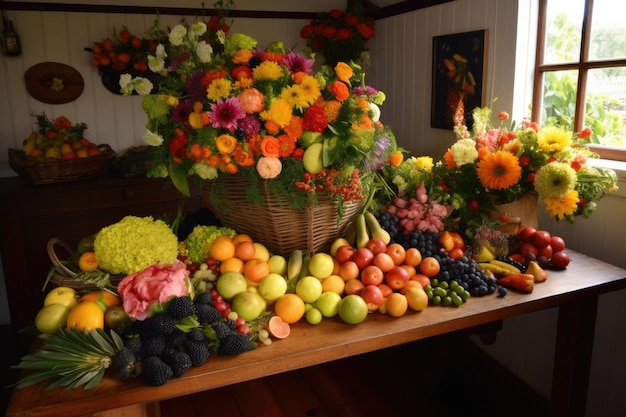 Un superbe arrangement floral avec des fruits et légumes frais créé avec une IA générative