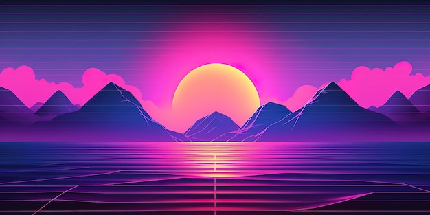 Superbe arrière-plan rétro Synthwave avec une palette de couleurs de coucher de soleil captivante