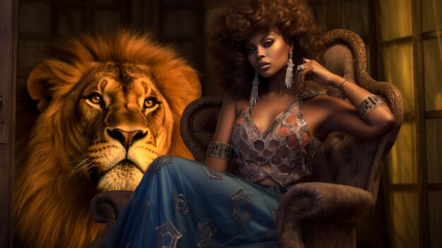 Superbe belle femme et un lion puissant