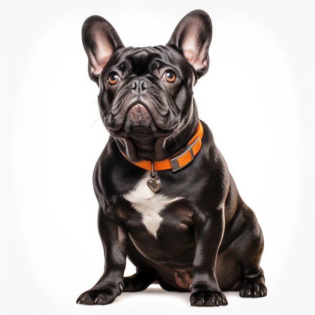 Superbe bouledogue français réaliste avec fourrure noire et collier orange sur fond blanc